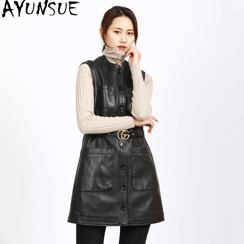 AYUNSUE リアルレザーノースリーブジャケット女性本物のシープスキンベスト女性の服秋の新 Ouerwears Jaqueta Couro
