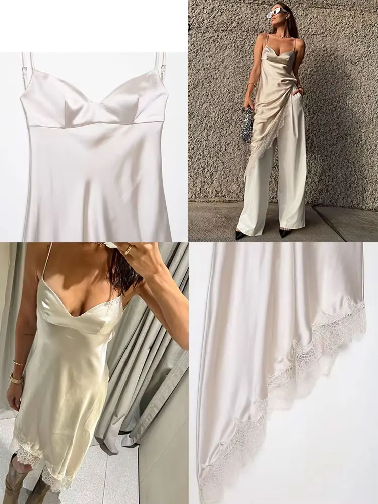 HH 秋の女性用セクシーなパーティースリングドレス、レーススプライス ​ ​ シルクサテンの質感、バックレス、レースアップ、アシンメトリーヘムのファッショナブルなドレス