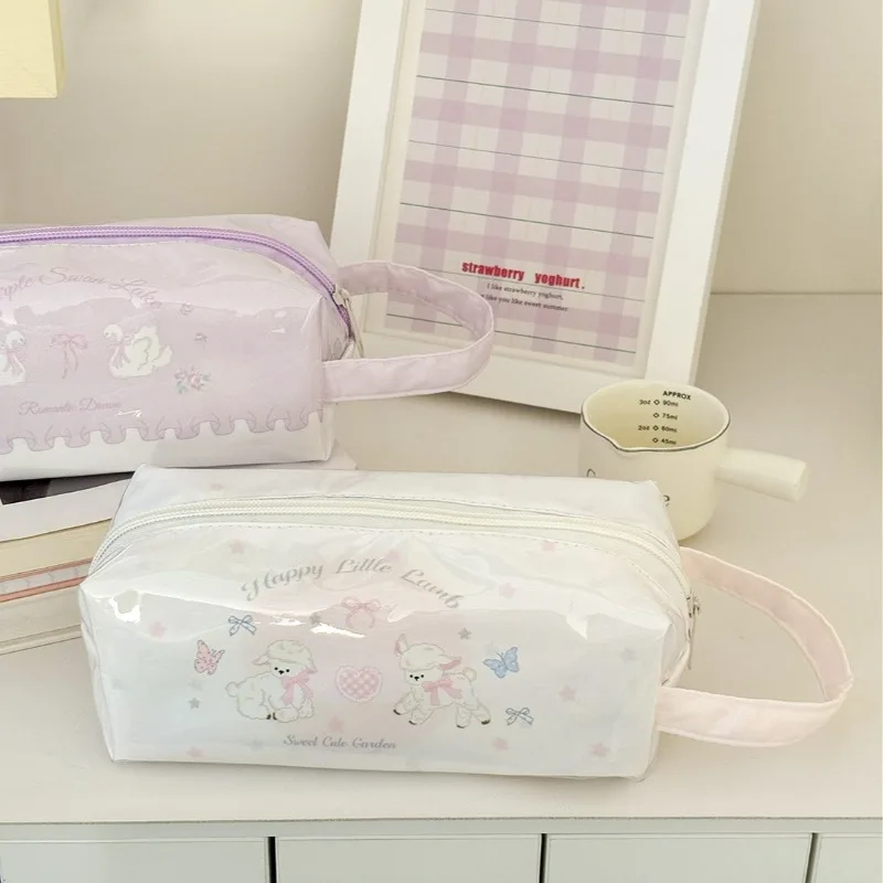 

PVC Pencil Case with Floral Print Aesthetic Ins Style Large Capacity Stationery Bag for Students Cute Makeup Brush Organizer
