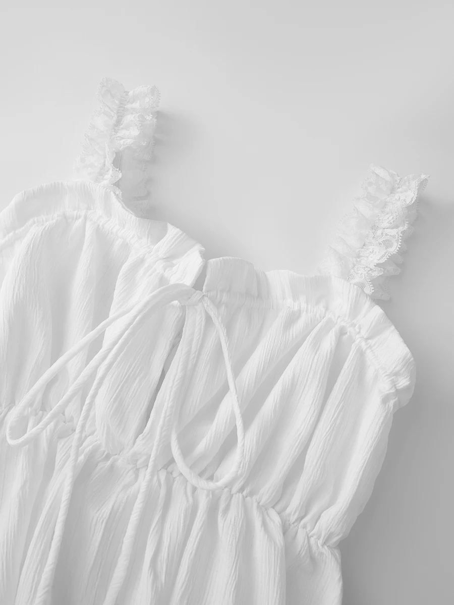 女性ロングタンクドレスレーストリムタイアップ V ネックノースリーブバックレスエンパイアウエストフリルドレスイブニングパーティークラブ