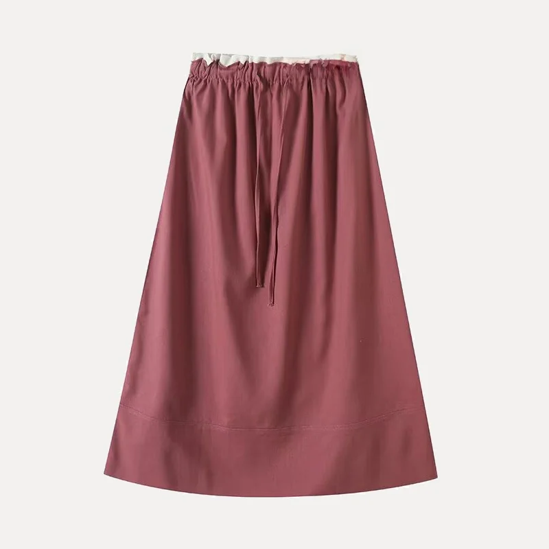 

2025 Summer New Sle Commuter Color Blo f-length Skirt Street Sle Mid-waist Polyester Fiber 00% Pure Color Skirt