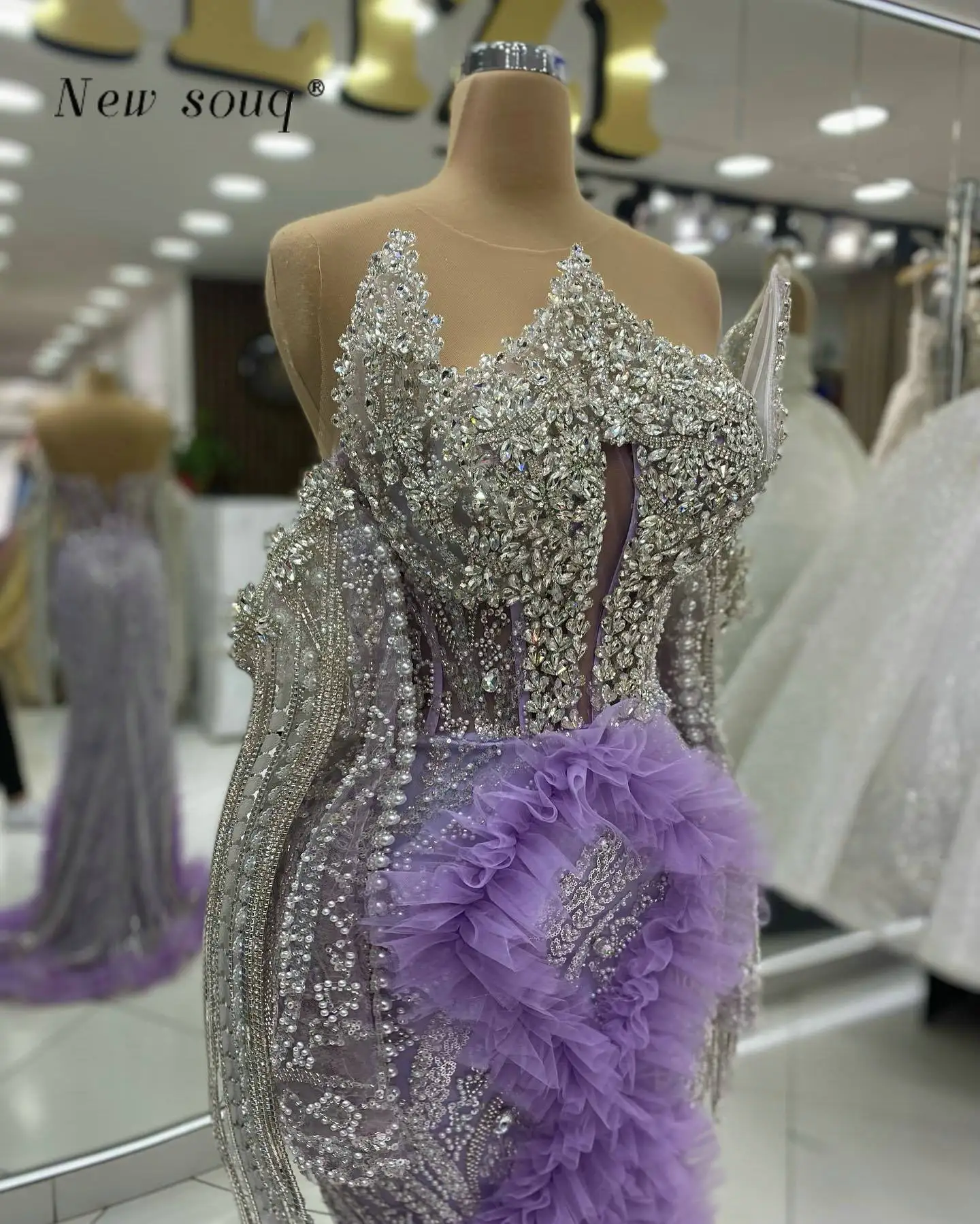 Lilac Purple Off the Shoulder Long Sleeves Evening Dresses with Crystals Ruffles Arabic Sequins Wedding Dinner Party Gowns