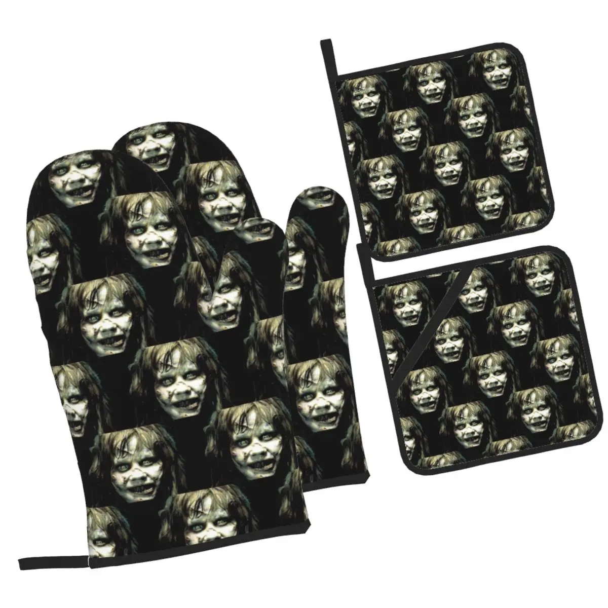 The Exorcist Horror Movie Oven Mitts and Pot Holder Sets of 4 for Baking Kitchen Cooking BBQ Resistant Non-Slip Gloves