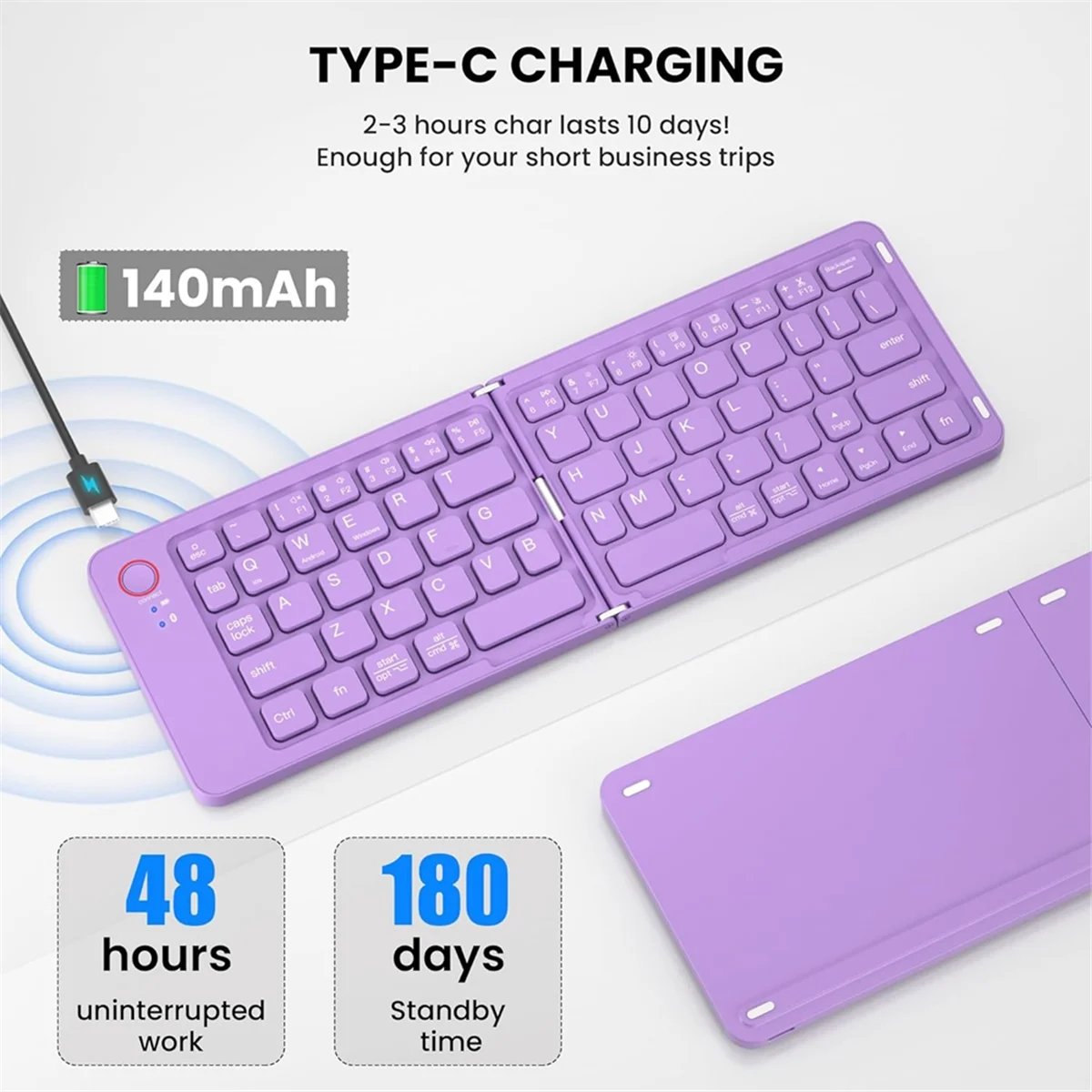 AT-Mini Foldable Bluetooth Wireless Keyboard (Sync Up to 3 Devices), Portable Folding Keyboard for Android