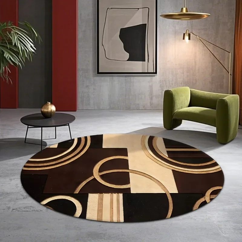 Beige Abstract Geometric Round Carpet Soft Curve Shape Art Print Floor Mat for Living Room Bedroom Housewarming Decor Present