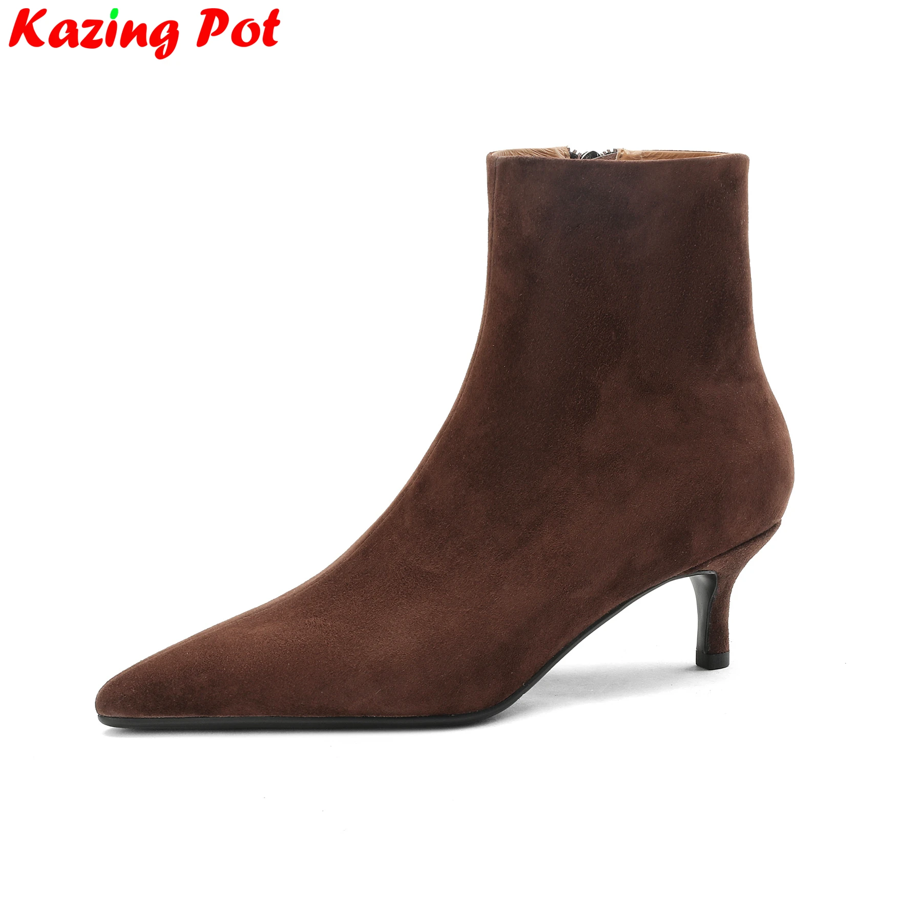 Krazing Pot Big Size Cow Suede Pointed Toe High Heels Modern Boots Winter Warm Shoes Dating Wedding Party Sexy Women Ankle Boots