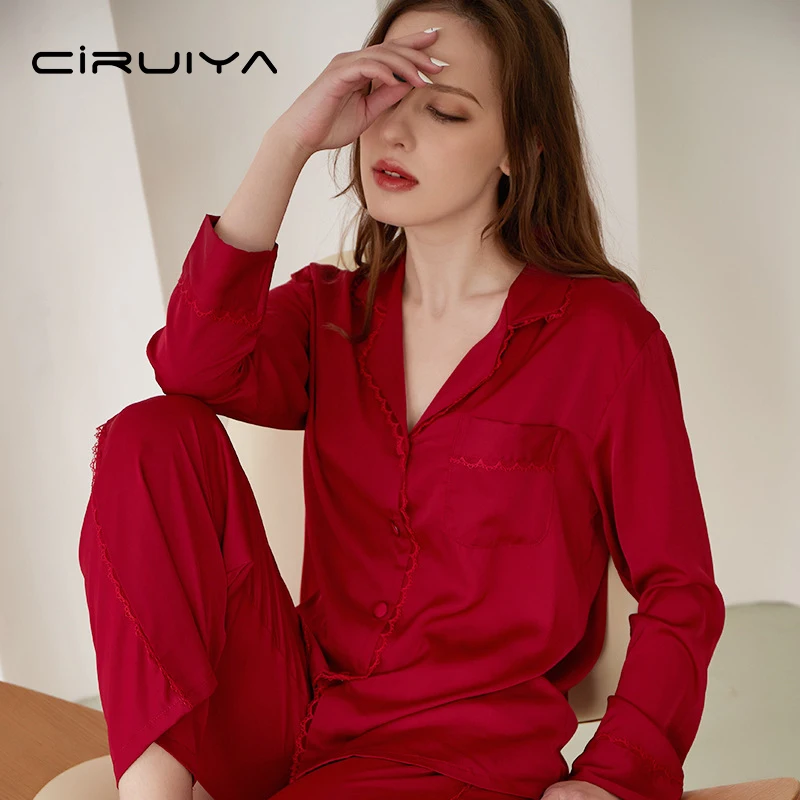 

CIRUIYA Sexy Women S Lace Silk Satin Pajamas Sets With Pants Summer Two Piece Set Ladies Long Sleepwear Suits Home Clothes 2022