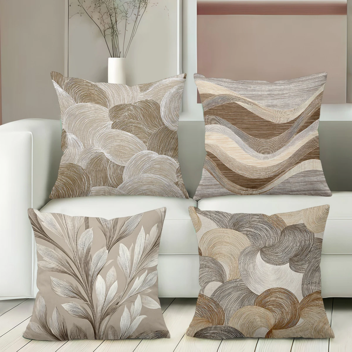 Set of 4 Neutral Tone Abstract Floral Wave Throw Pillow Covers Pattern Cushion Cover Suitable for Sofa Bedroom Car Pillow Cover