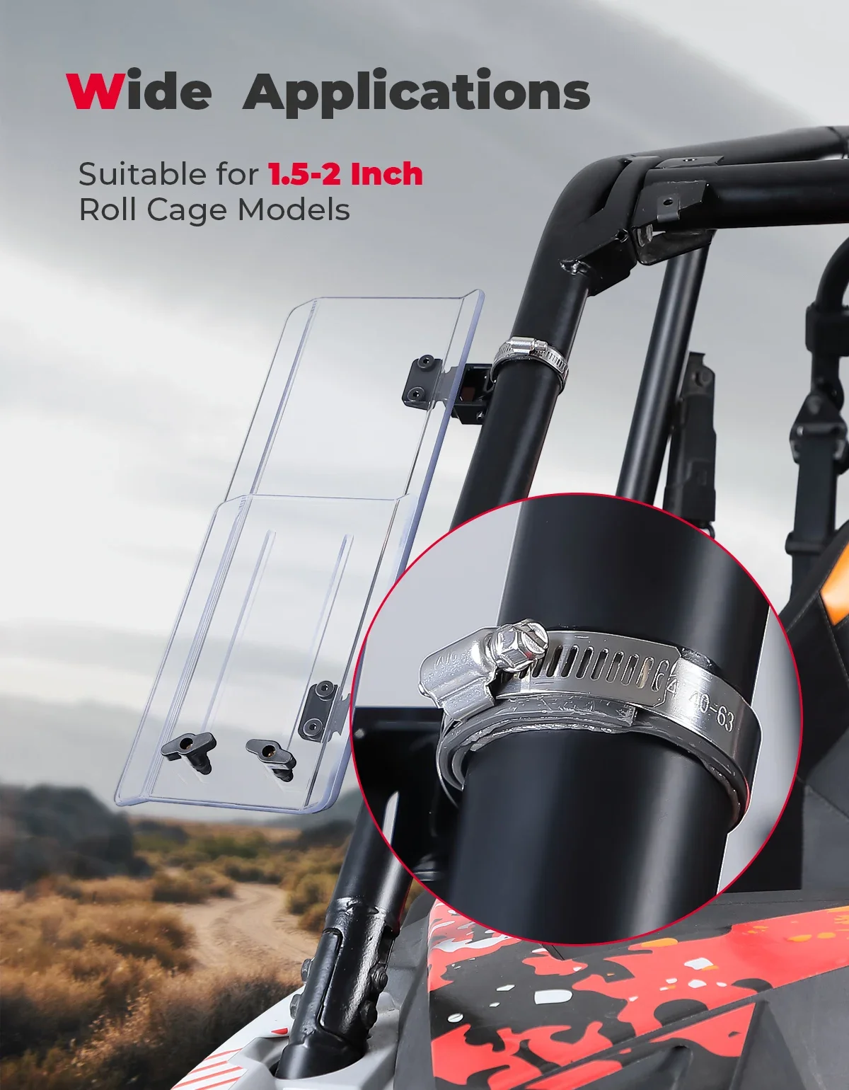 UTV Side Wind Deflectors Compatible with Polaris RZR For Can-Am Maverick X3 For Yamaha Fits 1.5-2.2 Inch Round Roll Bar