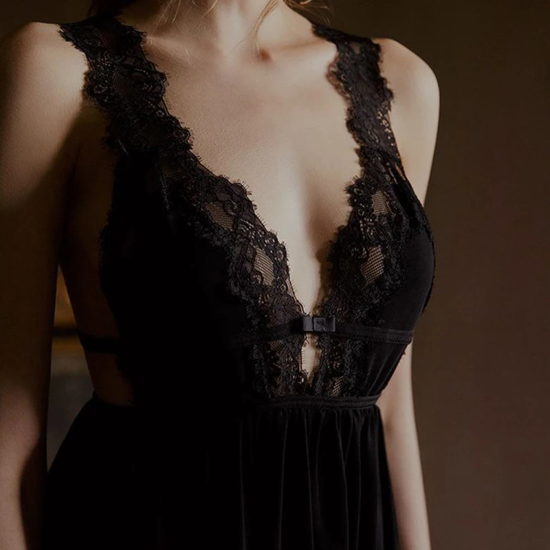 CINOON Summer Women's Lace Trim Sheer Mesh Babydoll Nightdress V-Neck Backless Sleepwear Sexy Lingerie Solid Color Dress image 6