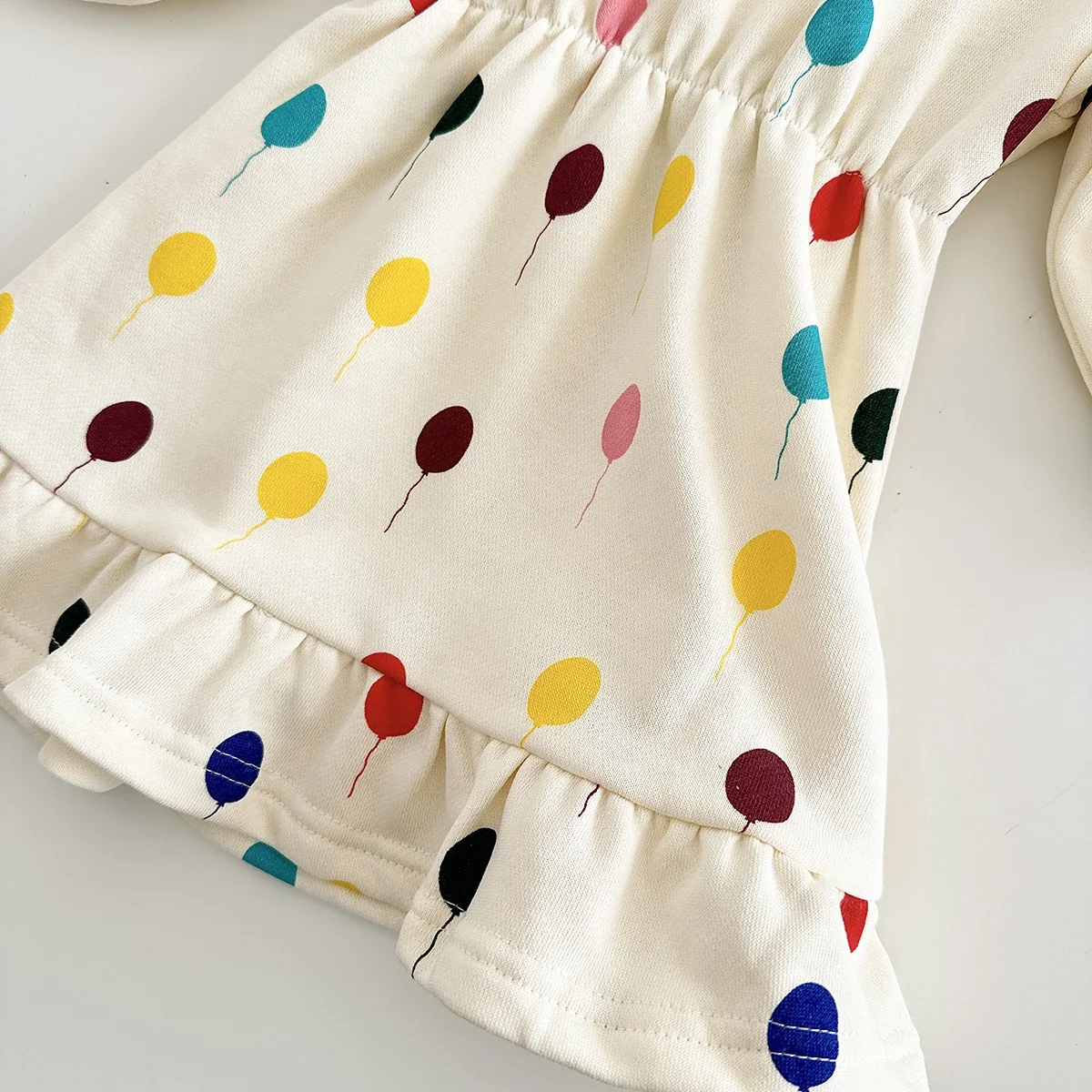 Infant Baby Girls Round Neck Puff Sleeve Dress Color Balloon Print Gathered Waist Ruffle Hem Dress