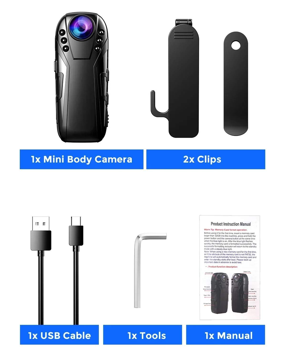 كاميرا Boblov Mini HD 1080P كاميرا ضيقة للشرطة بالأشعة تحت الحمراء للرؤية الليلية كاميرات فيديو صغيرة 125 °   كاميرا صغيرة محمولة بزاوية واسعة للرياضة