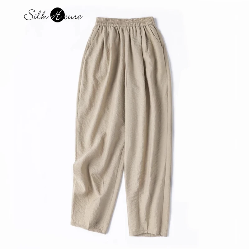 Women's Casual Versatile New 76% Natural Mulberry Silk Dry Silk Texture Elastic Waist Pocket Design Khaki Yellow Harem Pants