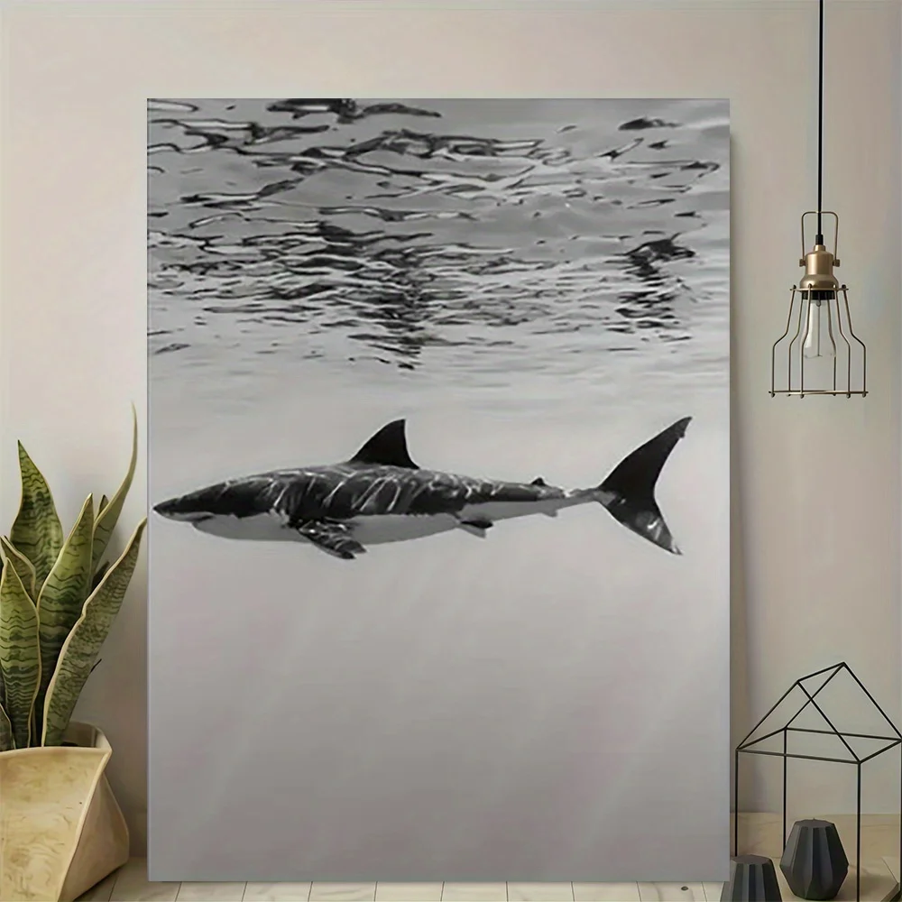 1pc Striking Black and White Shark Canvas Wall Art - Frameless High-Quality Print, Modern Vintage Design, Elegant Home Office
