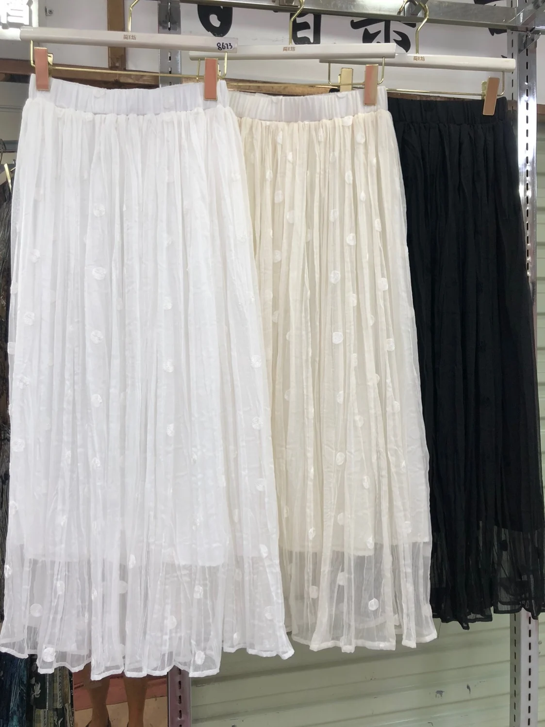 Heavy Embroidery Polka Dot Skirt Lightweight Chiffon Natural Pleated Elastic Waistband Lined Midi Skirt for Women A-Line Loos...