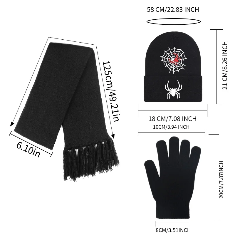 【3Pcs Knit Beanie Scarf Gloves Set】Adult Spider Web Print Knit Hat, Winter Outdoor, Halloween Cosplay Party Gift