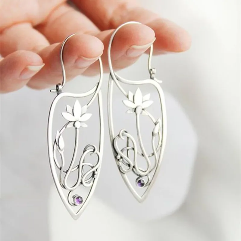 New Lotus Silver Color Earrings Elf Jewelry Fashion Floral Design Ladies Pendant Earrings Gift