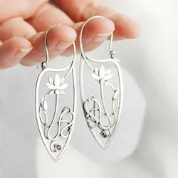 New Lotus Silver Color Earrings Elf Jewelry Fashion Floral Design Ladies Pendant Earrings Gift