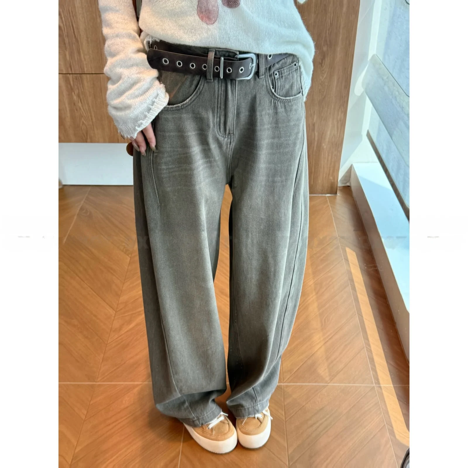 

Джинсы женские винтажные из плотного денима, с высокой талией, широкими штанинами, повседневные, с поясом, серия Cement Galaxy, свободного кроя