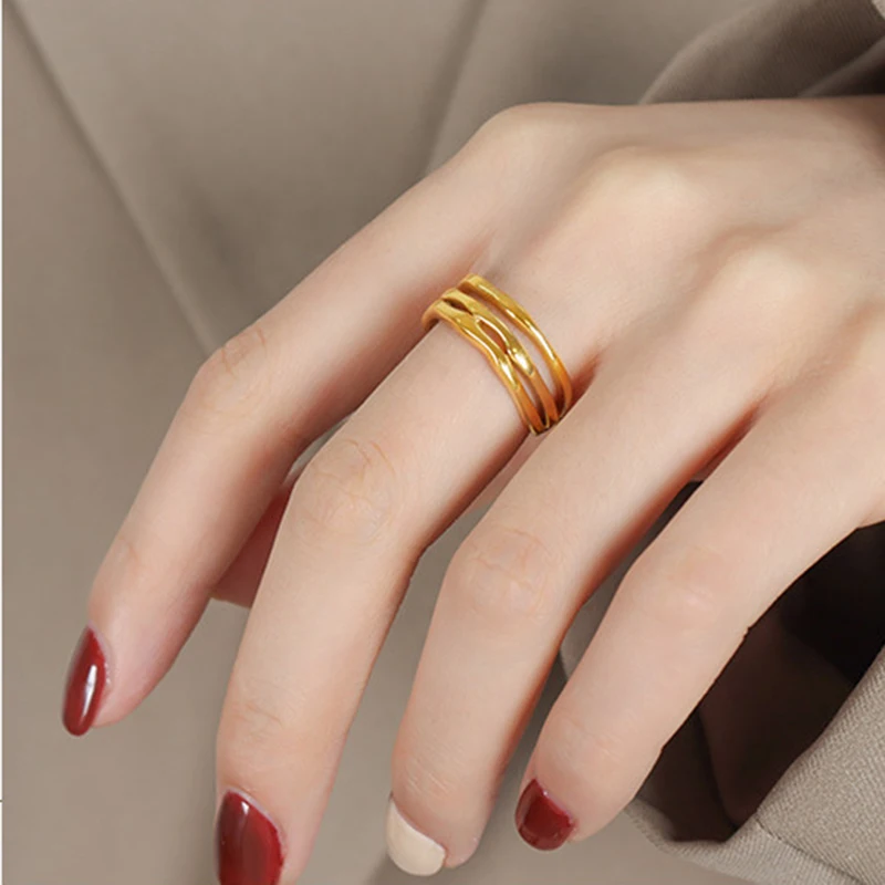 

Stainless Steel Chic Three-Layer Geometric 18k Gold Plated Opening Rings for Women Metal Texture Open Ring Jewelry Gift