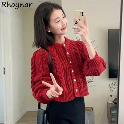 Red Sweater Vintage Chic Twist Cardigans Women Autumn Winter Cropped Knit Tops Graceful Ladies Fashion Mujer Aesthetic Clothes