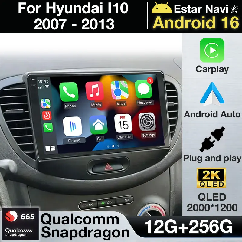 Android 16 Wireless Carplay For Hyundai I10 2007 - 2013 Audio Navigation Video DSP Multimedia Auto 5G WIFI Player Head Unit 2din