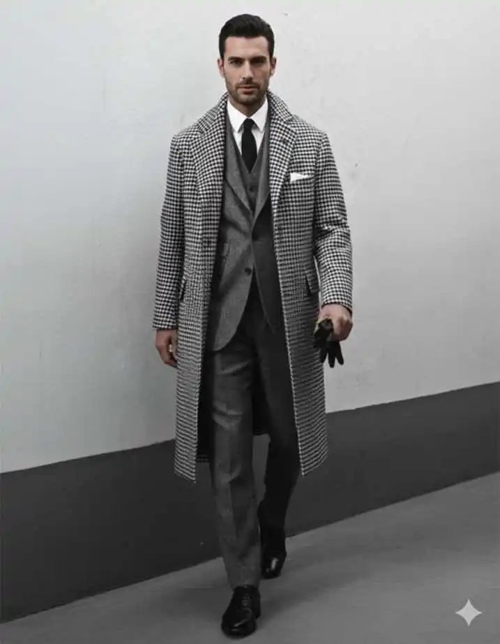 Classic Houndstooth Overcoat Single Notch Lapel Single Breasted Formal Outerwear For Daily Formal Meeting Occasion Customized