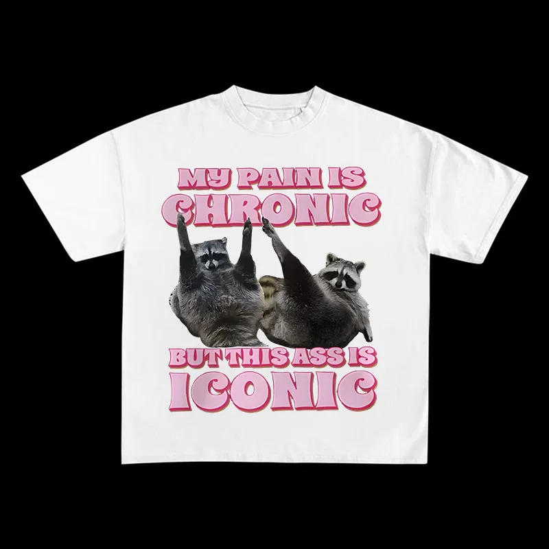 My Pain Is Chronic But This Ass Is Iconic Футболка с забавным енотом и мемом Мужская женская винтажная футболка Kawaii для пар Топы