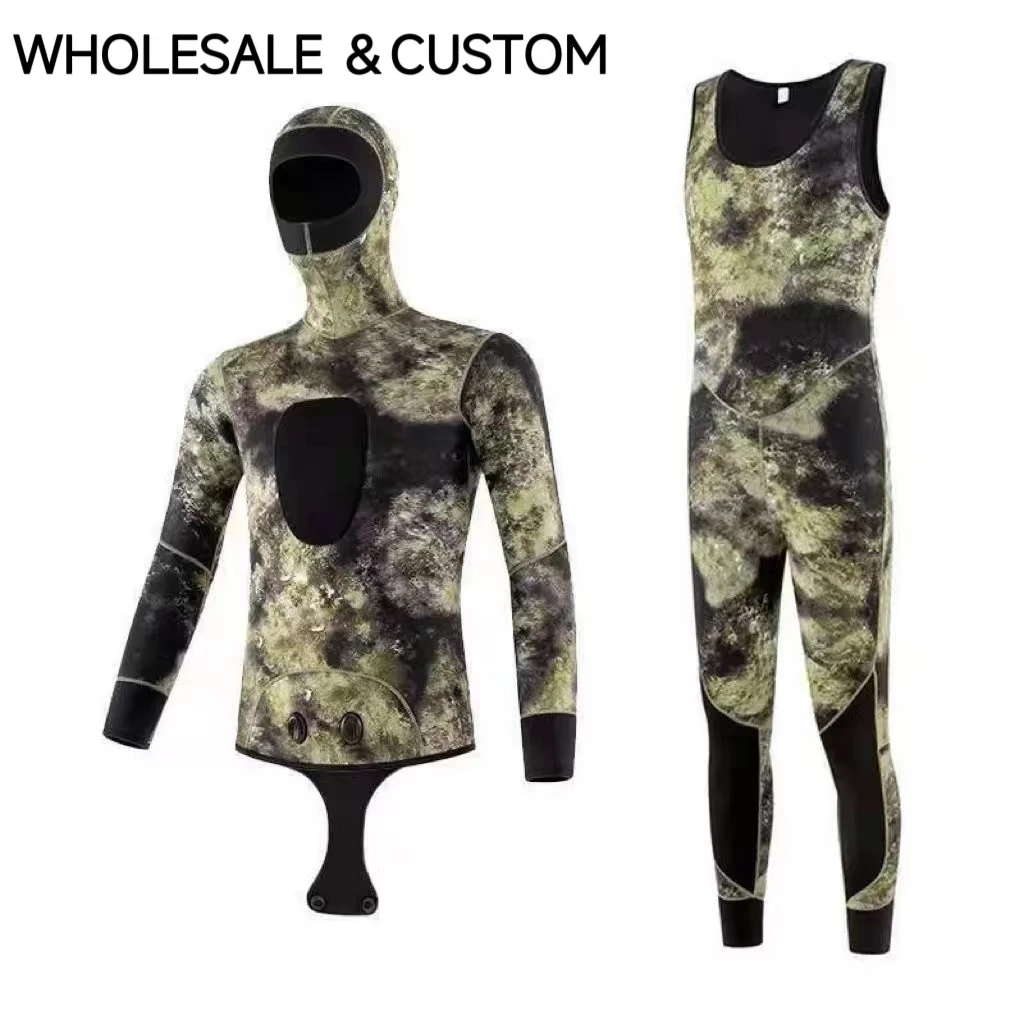 Customized or Wholesale Camouflage Wetsuit Men Fission Hooded 2 Pieces Of Neoprene Submersible Keep Warm Waterproof Diving Suit