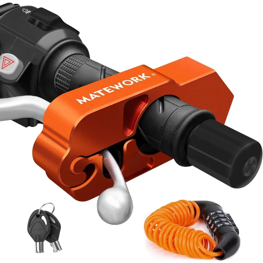 

Heavy duty motorcycle handlebar and brake lock with integrated helmet lock for universal use on all bikes and motorcycles antit