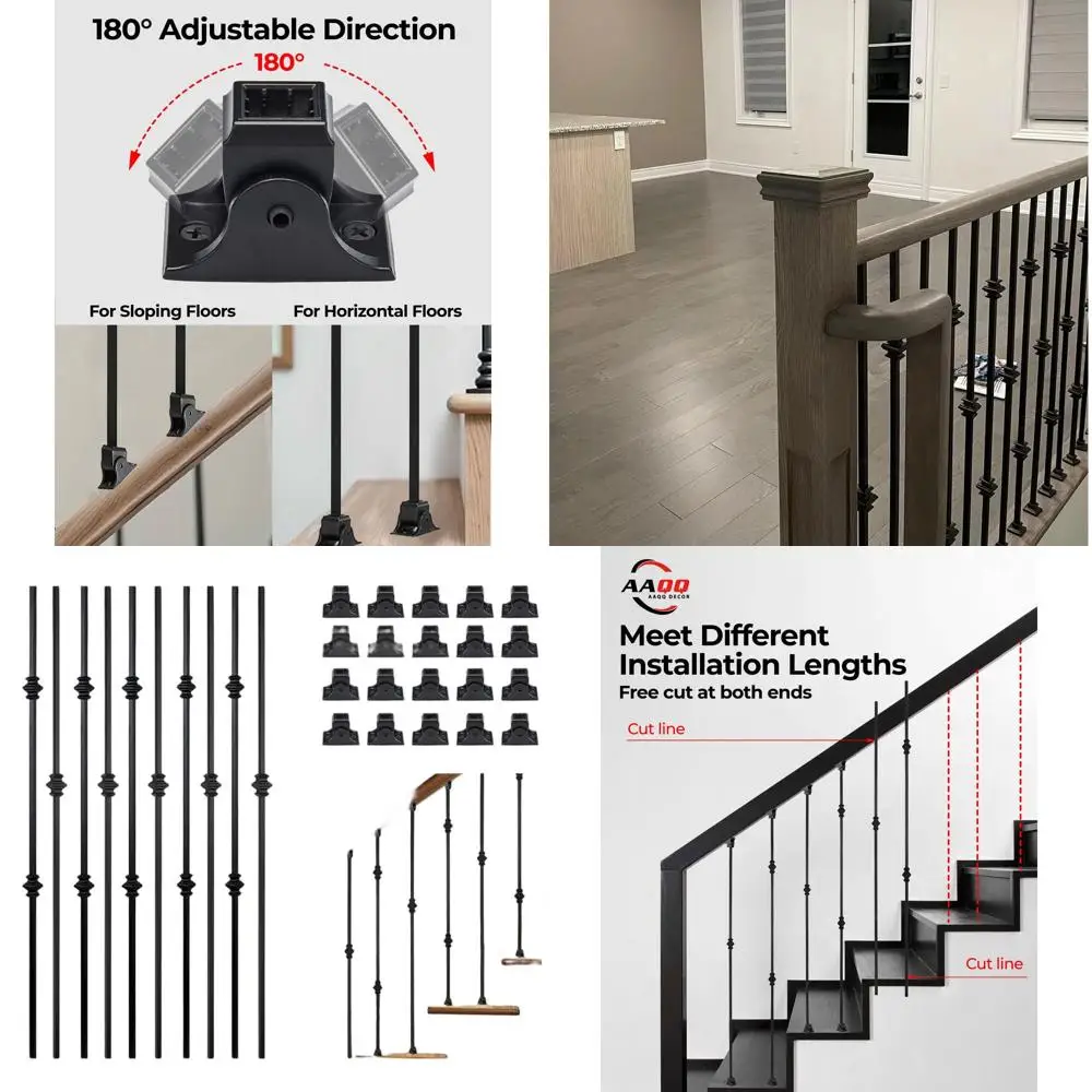 

10 Pack Hollow Double and Single Knuckle Staircase Spindles, 1/2 Square Iron Balusters with 20 Swivel Shoes