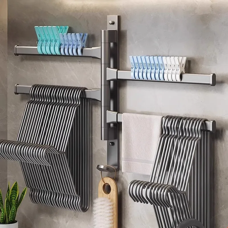 

Wall-Mounted Balcony Clothesline Rack Household Towel Hanging Rod Perforated Drying Rack for Kitchen And Bathroom