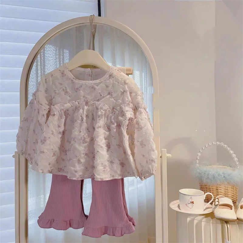 

Children's Sweet Sets Girls Fashionable Cute Suit Spring Autumn New Kids Bubble Sleeve Floral Top Lace Pants Two-Piece 2-8 Years