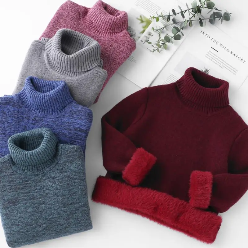 New Children's Winter High Neck Sweater 2025 Girls' and Boys' Solid Color Plush Thickened Warm Pullover Knit 2-10Y