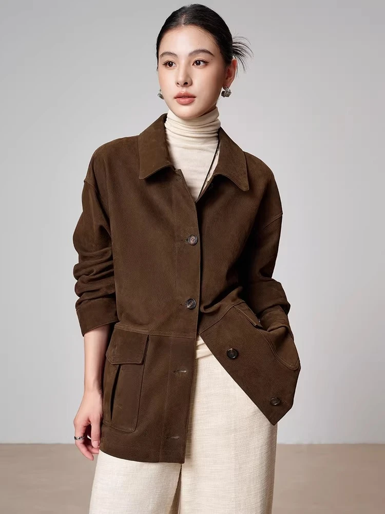 

Vintage Genuine Leather Jackets for Women Spring Autumn 2026 New High-end Simple Loose Casual Deer Texture Real Goatskin Coat