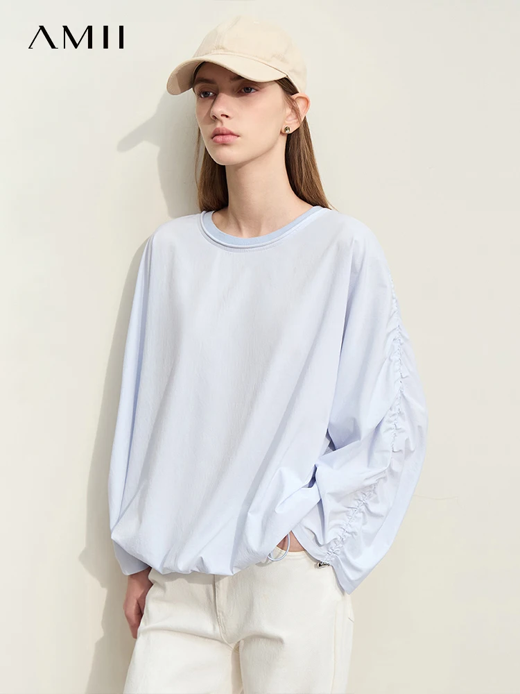 

AMII Minimalism Women Long-sleeve T-shirt 2024 Spring New Quick Dry Breathable Loose O-Neck Pleated Adjustable Tops 12452014