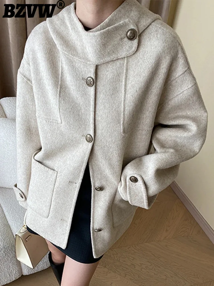 

BZVW French Style Double Sided Woolen Coat For Women Hooded Single Breasted Solid Color Pockets Design Jacket 2024 New 25A699