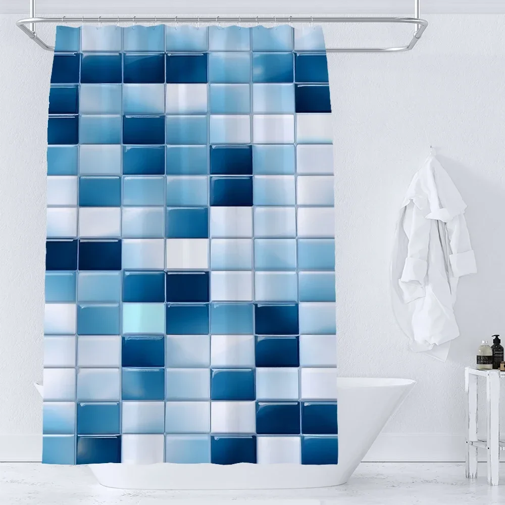 Blue Mosaic Pattern Shower Curtains Waterproof Polyester Bath Curtain Geometrical for Bathroom Home Decor Curtain with Hooks