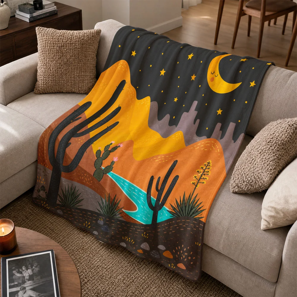 Boho Desert Sunset Throw Blanket Couch Decor Fleece Throw for Sofa Bohemian Landscape Art Stars Cozy Home Decor Gift