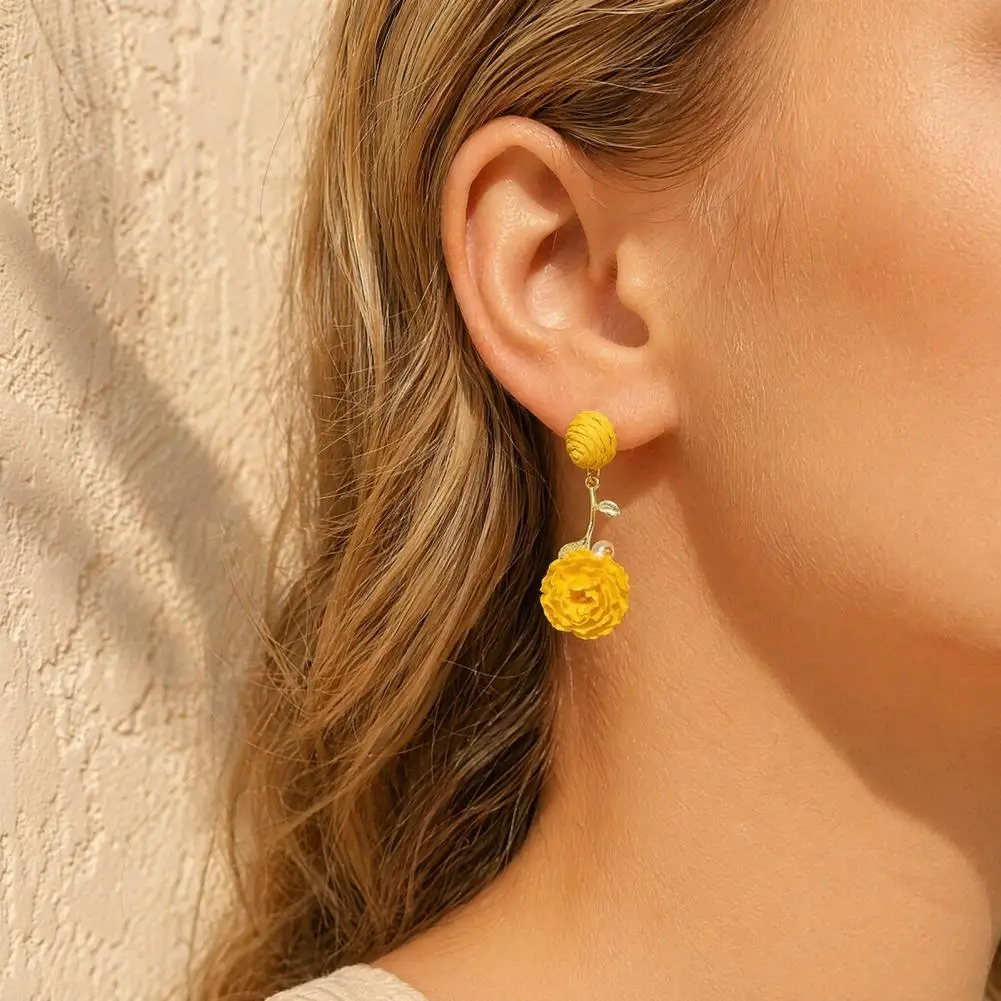 Summer Boho Earrings Boho Raffia Flower Earrings Handmade Bohemian Leaf Branch Dangle Jewelry Bridal Wedding Party for Women