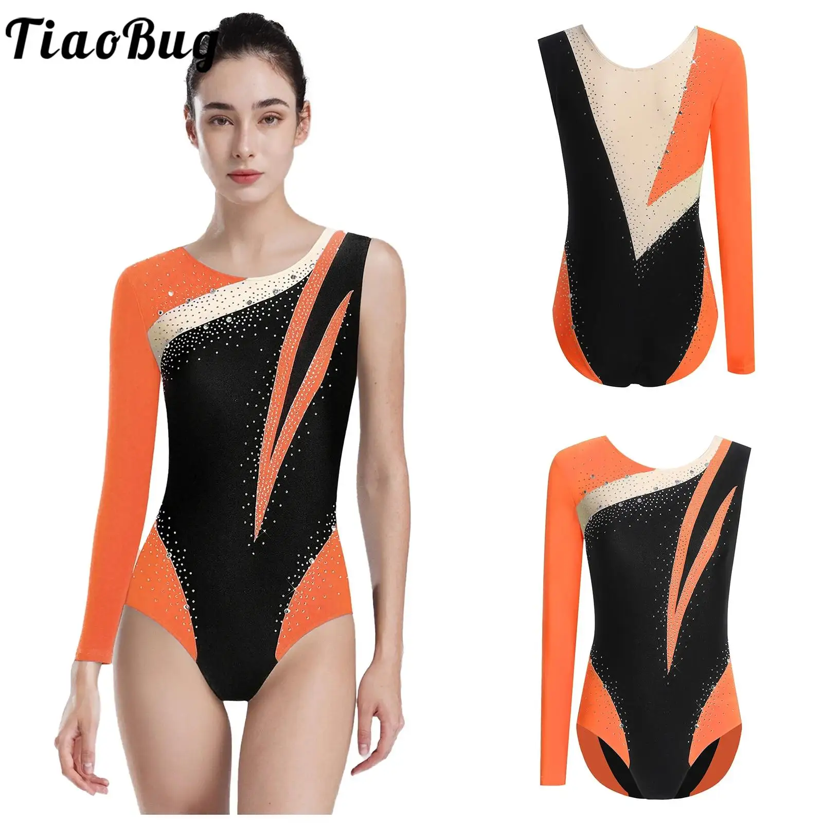 

Women Gymnastics Leotards Rhythmic Jumpsuits One Long Sleeve Color Block Bodysuit Activewear for Figure Skating Ballet Dancewear