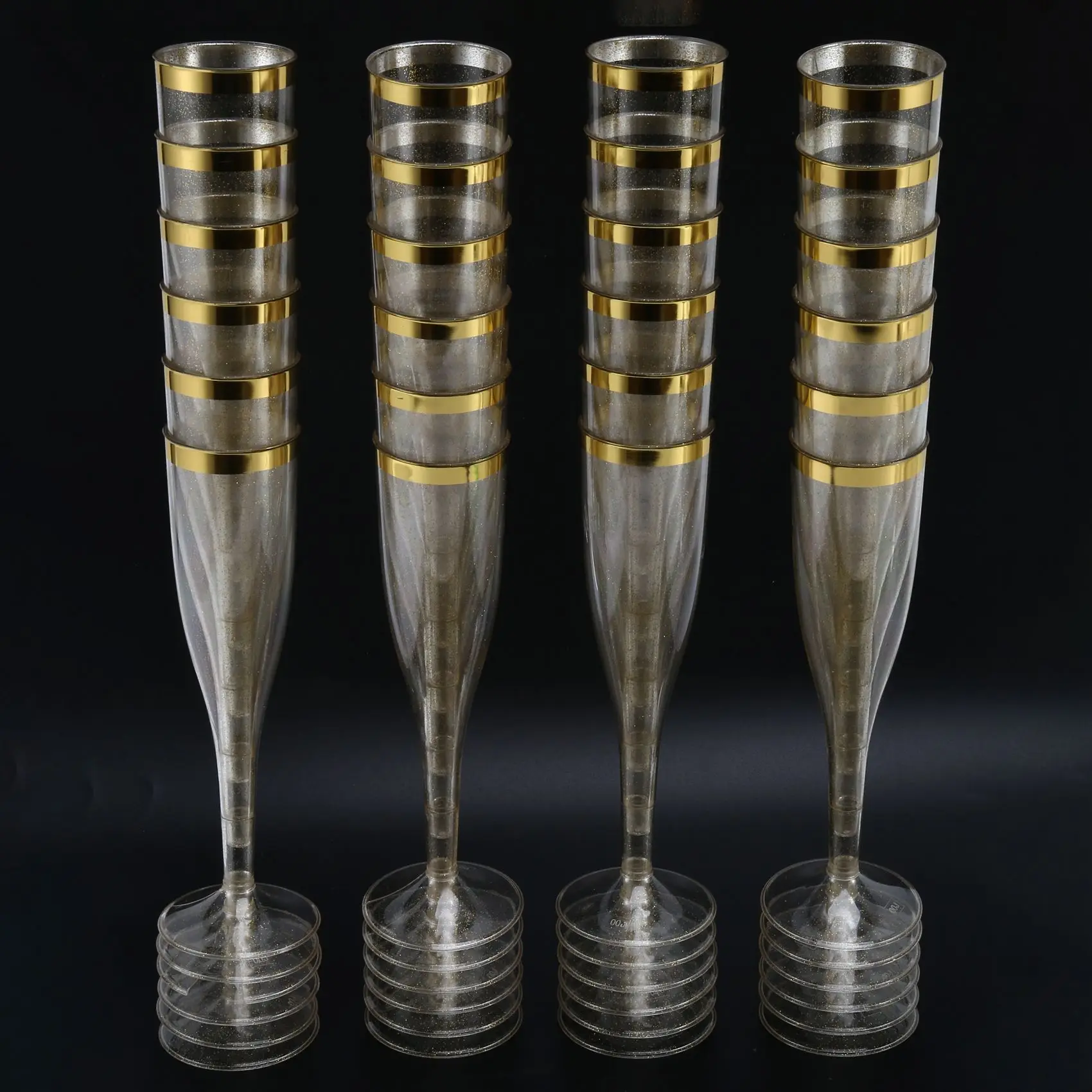 Plastic Champagne Flutes with Gold Glitter and Gold Rim Reusable Disposable Mimosa Glasses for Party Decorations