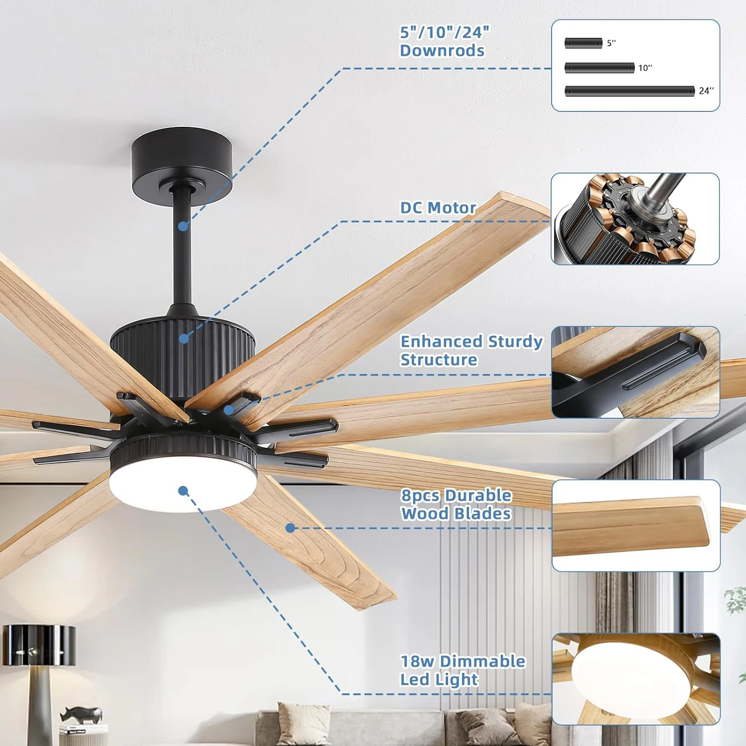 76 Inch Indoor Ceiling Fan With Dimmable 3 Color Led Light 8 Solid Wood Blades Remote Control Reversible DC Motor Black For Ho