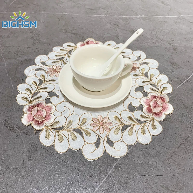 1Pcs Satin Rose Flower Embroidery Place Table Mat Cloth Pad Cup Doily Napkin Coaster New Year Placemat Christmas Wedding Kitchen