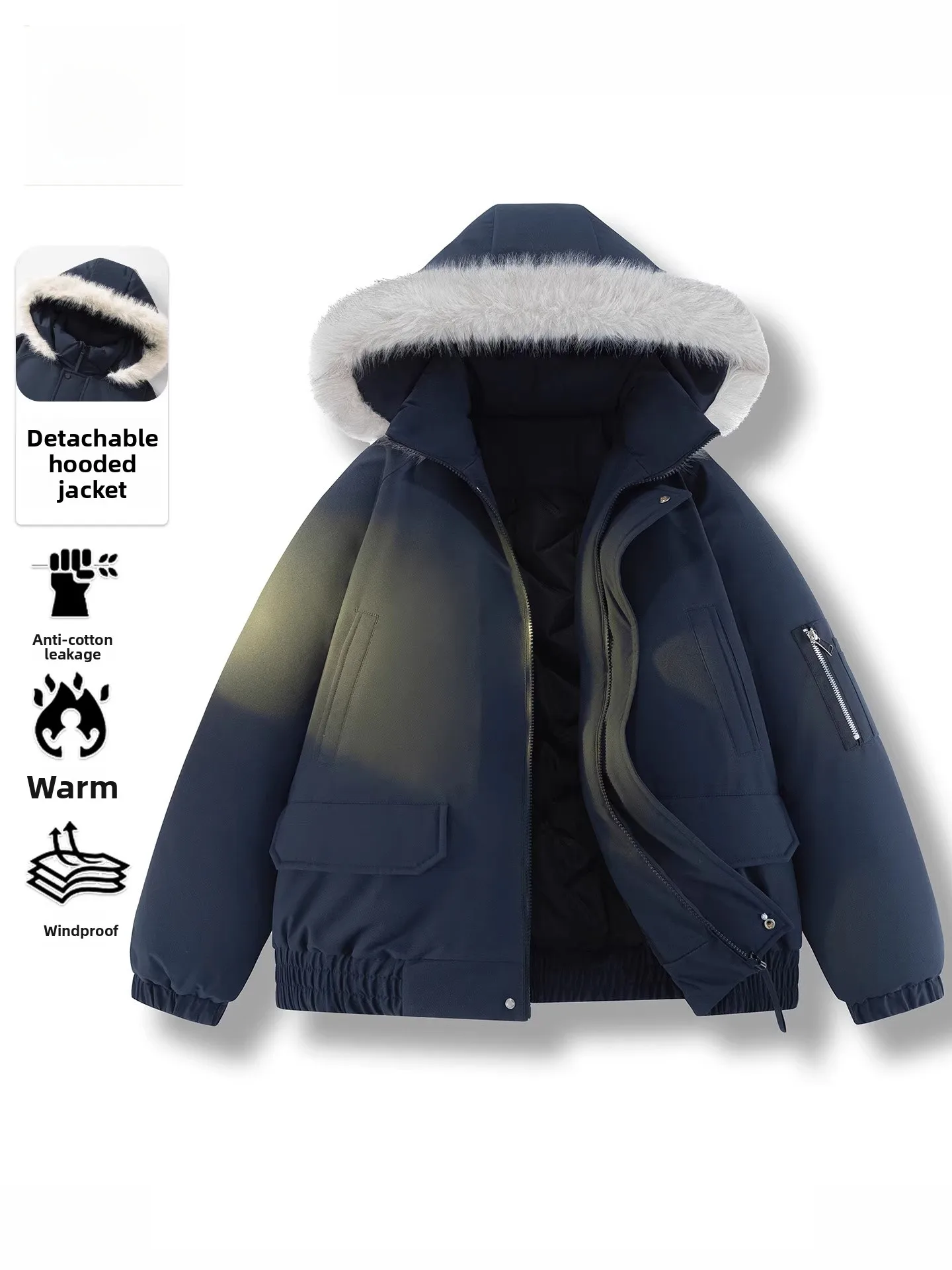

Thiened Autumn Winter New Men's Cotton Jaet Coat with Detachable Hat Fur Collar Outdoor Cold Resistance Casual Sle