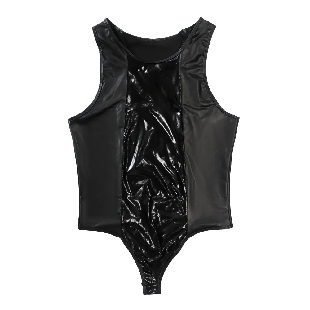 

Men’s Thongs Leotard Faux Leather Bodysuit with Back Zipper Male One-piece Slim Undershirts Sexy Sleeveless Stretchy Jumpsuit
