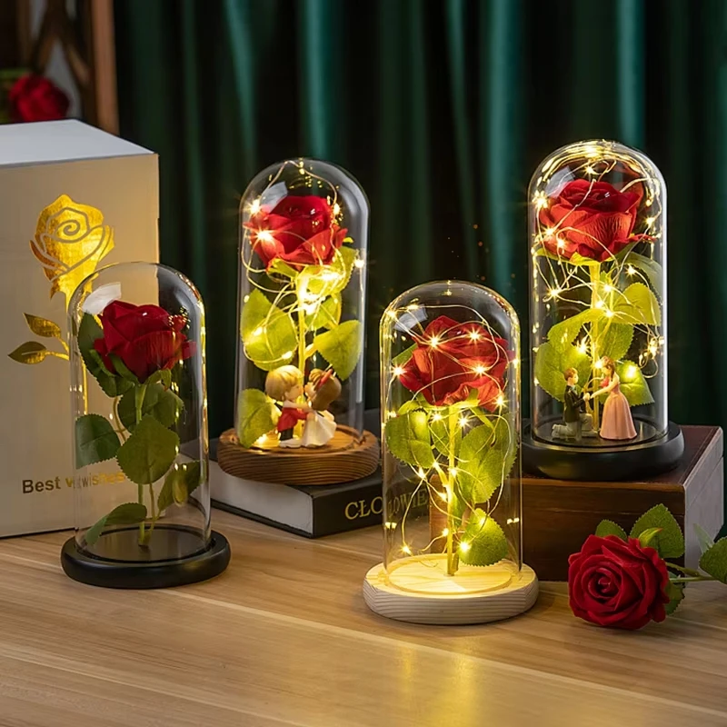 

Artificial Eternal Rose Flowers With LED Light Valentines Mother's Day Gift Acrylic Cover Simulation Rose Flowers Decorations