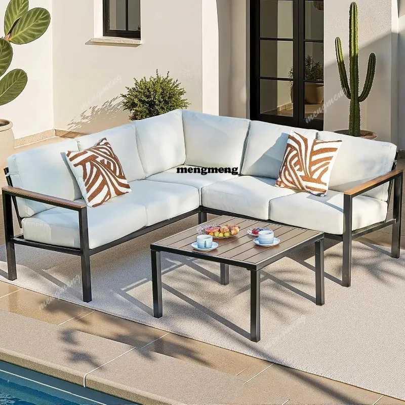 

Комплект садовой мебели из 6 предметов: уличный диван с толстыми подушками из олефина, подлокотники и столешница из искусственного дерева, эргономичный, настраиваемый под заказ