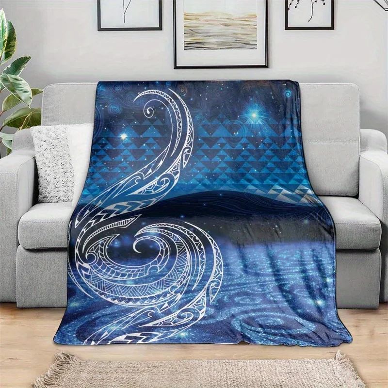 Blue Galaxy Polynesian Tribal Spiral Triangle Warm Flannel Blanket, Star Ocean Ethnic Print for Sofa Bedroom Camping Cozy Home
