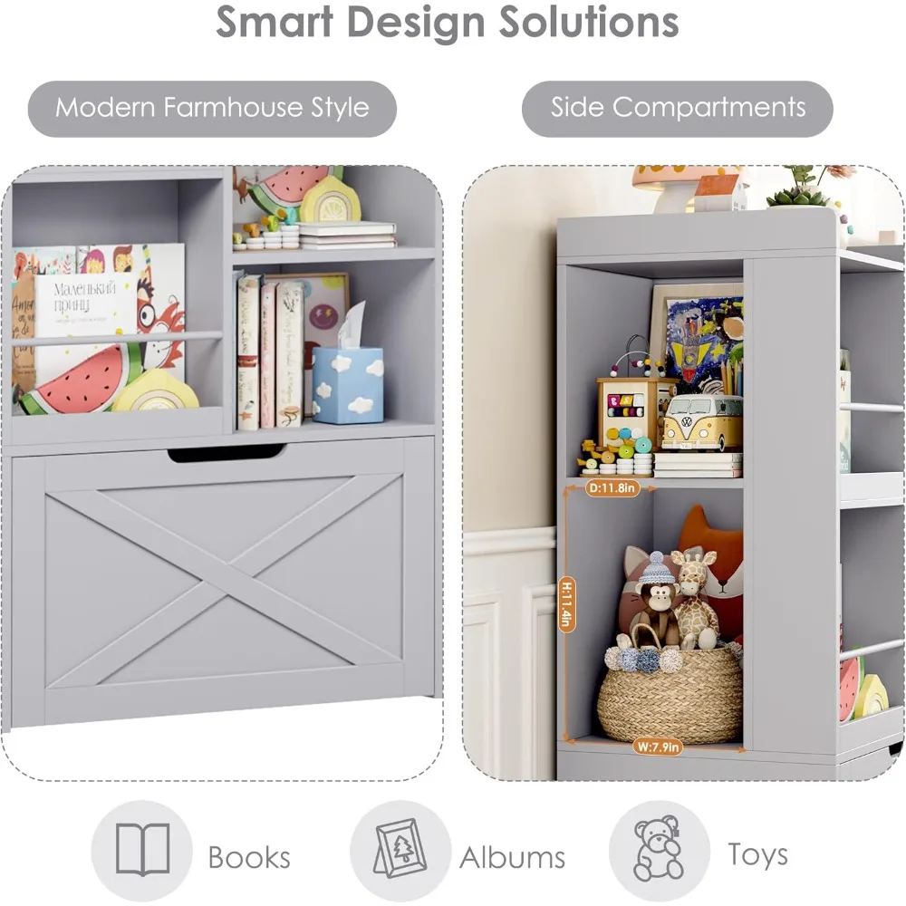 Grande organizador de armazenamento de brinquedos com ângulo de leitura e almofada de assento para crianças, estante de 75 polegadas de largura com 2 gavetas móveis